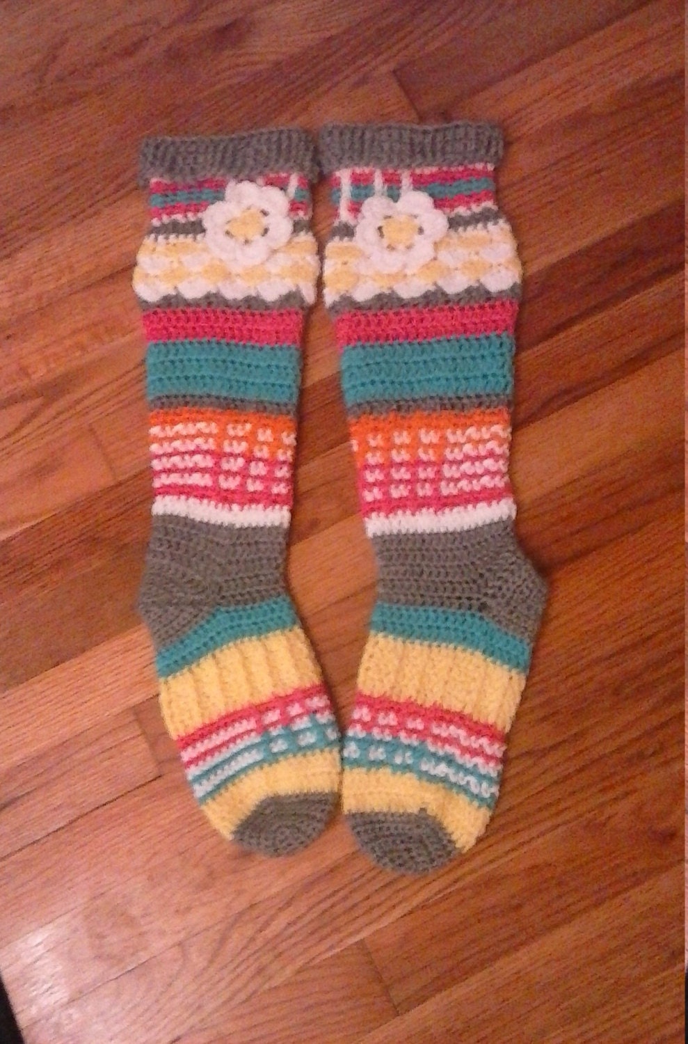 Ladies Free Spirit Knee High Slipper Socks Handmade Crochet