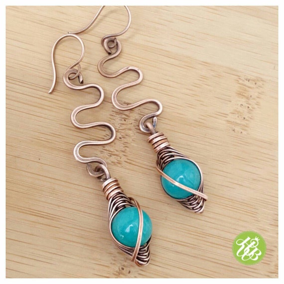 Items similar to Teal green jade earring wire wrapped in copper/copper