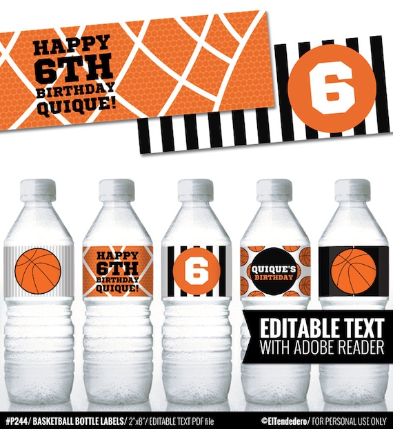 Basketball Water Bottle Labels. Sports Party Labels. Printable