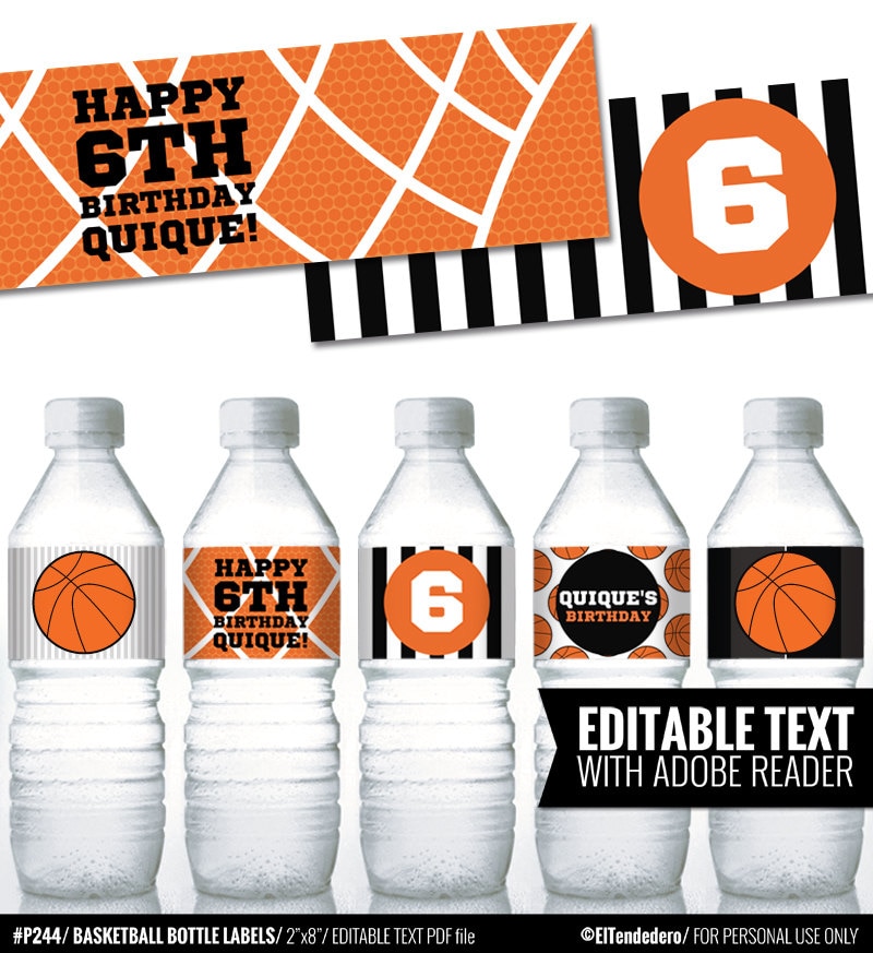 Basketball Water Bottle Labels. Sports Party Labels. Printable