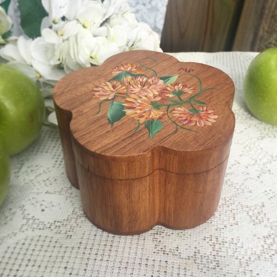 Hand Painted Floral Wood Jewelry Trinket Storage Box zinnia