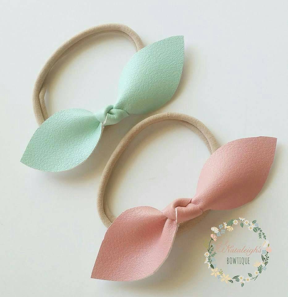 Mint and Blush Faux Leather Bow Headband 3 Bow Headband