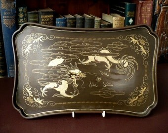 Antique Chinese Lacquered Tray Depicting The Celestial Chinese Dragon