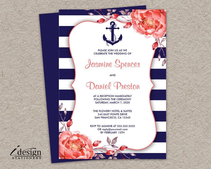 Reception Only Printable Nautical Wedding Reception Only Invitation Navy Blue And White Stripe Invitations With C Peonies Striped Invites