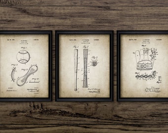 Baseball Patent Print Set Of 3 - Baseball Glove - Bat - Baseball Design - Baseball Sport - Set Of Three Prints #450 - INSTANT DOWNLOAD