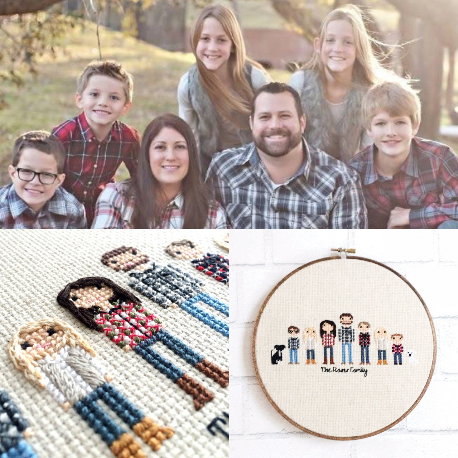 Custom Cross Stitch Family Portrait 9 Character Personalized