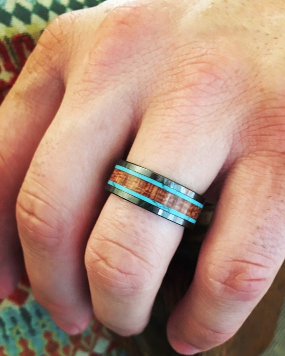 Men's Wedding Band Turquoise Koa Wood Ceramic Ring