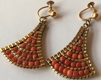 Victorian Natural Coral Dangling Chandelier Screw Back Earrings
