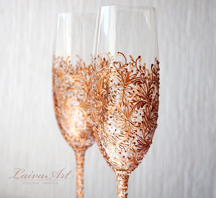 Rose Gold Wedding Champagne Flutes Wedding Champagne by LaivaArt