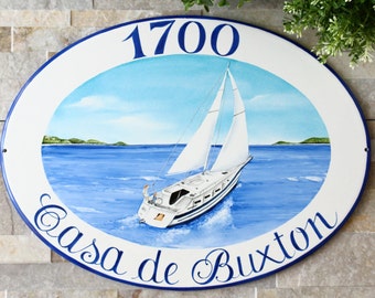 Sailboat outdoor custom name sign, House number sign, Personalized nautical sign, Beach house sign, Nautical wall decor