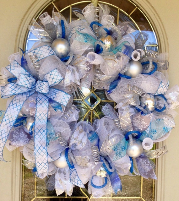 Christmas blue silver and white deco mesh wreath with silver