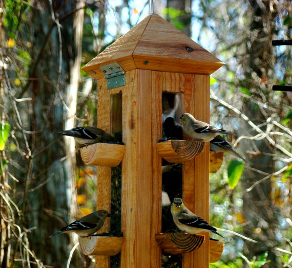 Handmade rustic cypress wood bird feeder finch feeder and