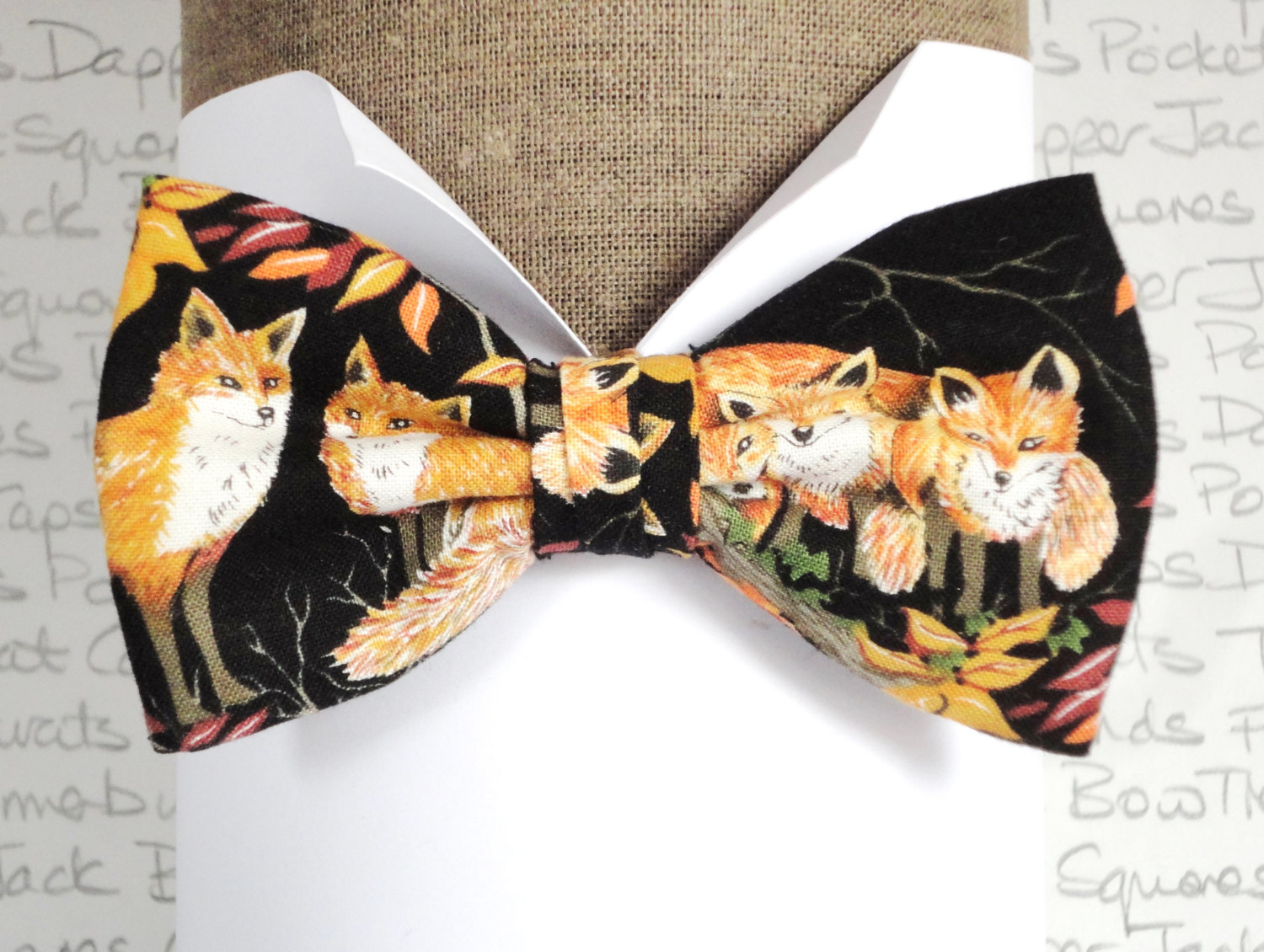 Bow tie five foxes print on black bow tie hunting by DapperJackUK