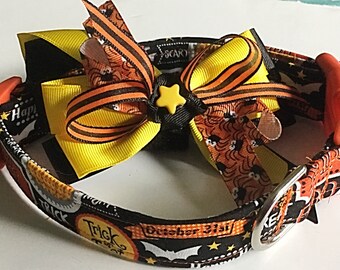 Trick or Treat Halloween Collar with Matching Ribbon Bow for All Dogs and Cats