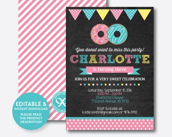 Instant Download, Editable Donut Birthday Invitation, Donut Invitation, Pink Donut Invitation, Girl Birthday Invitation, Chalkboard (CKB.10)