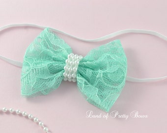 Mint Lace Hair Bow Mint Headband Baby Headband Beautiful Lace Hair Bow Skinny elastic Headband Baby Hair Bow
