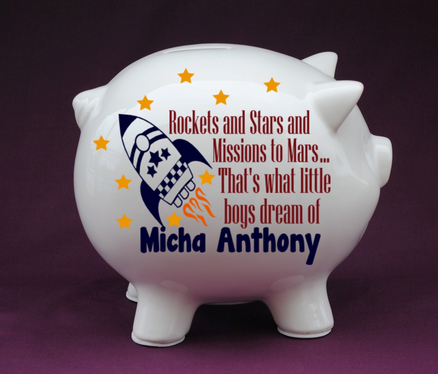 Rocket Quote Personalized Piggy Bank with Vinyl Decal. Shower