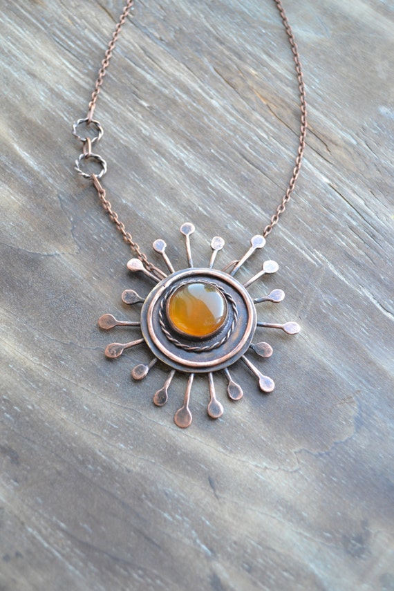 Copper and onyx sun pendant hammered necklace metal jewelry