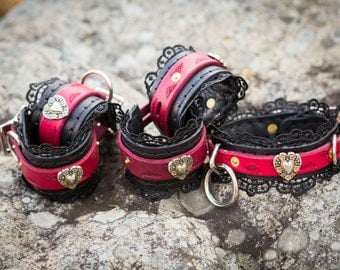 Mature*Dark Victorian Embossed Leather and lace BDSM Collar and Shackles set