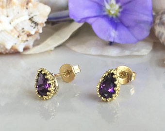 20% off-SALE!! Amethyst Earrings - Bezel Set Earrings - February Birthstone Jewelry - Teardrop Earrings - Post Earrings - Simple Earrings