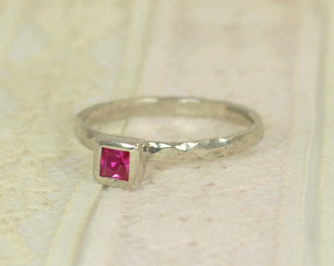 Square Ruby Engagement Ring, 14k White Gold, Ruby Wedding Ring Set, Rustic Wedding Ring Set, July Birthstone, Solid Gold, Gold Ruby Ring