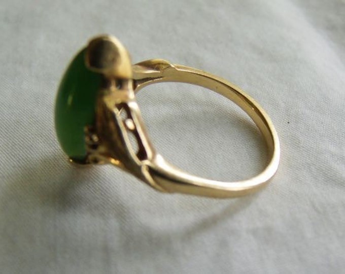 Storewide 25% Off SALE Vintage Solid 10k Gold Elongated Green Jade Oval Cocktail Ring Featuring Clear Baguette Diamond Accents