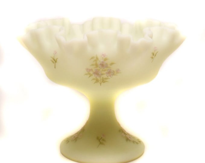 Storewide 25% Off SALE Vintage Original J.K. Kisner Hand Painted Fenton Yellow Lemon Custard Compote Featuring Elegant Frosted Ruffle Design