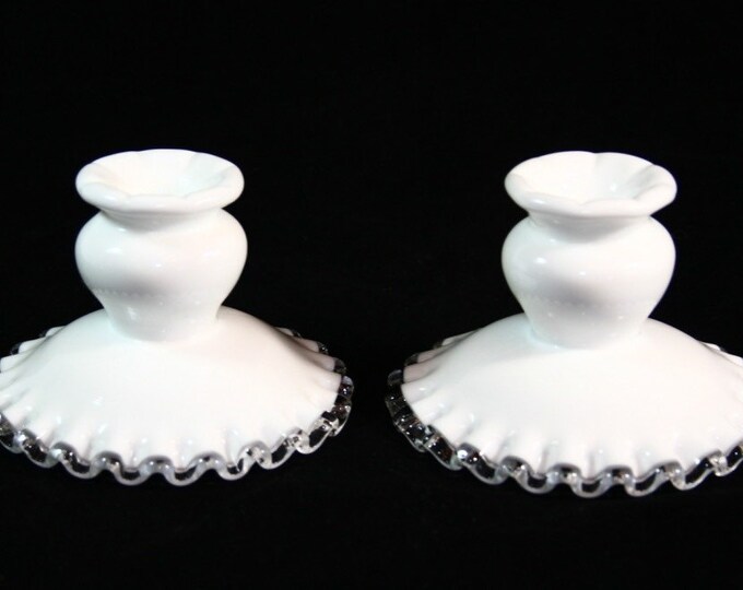 Storewide 25% Off SALE Vintage Fenton Silver Crested White Milk Glass Candle Holder Set Featuring Clear Ruffled Design