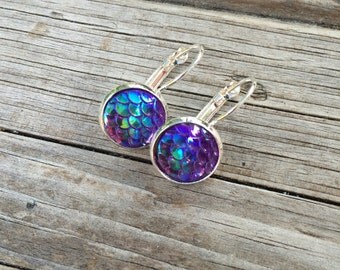 Purple Mermaid Scale Earrings, Mermaid Earrings, Leverback Earrings