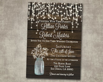 Wedding Invitation Baby's Breath Mason Jar Rustic Wood Country Barn String Fairy Lights Cream Digital or Printed I customize for you