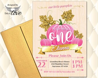 Fall Birthday Invitation, Our Little Pumpkin is Turning One, 1st, 2nd, 3rd, Pink and Gold, Pumpkin, Prints or Digital Download, autumn,