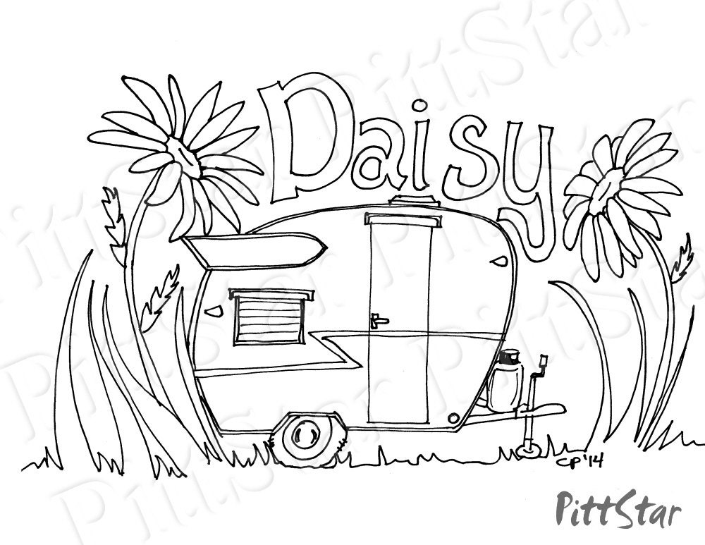 Vintage Travel Trailer Art Sketch Coloring Page
