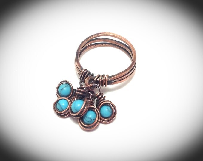 Triple band copper wire wrapped ring with turquoise dangles