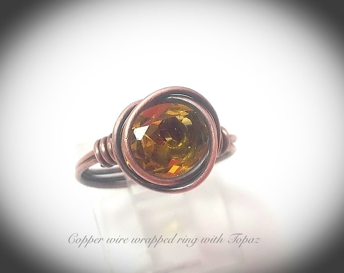 Antique copper wire statement ring with topaz