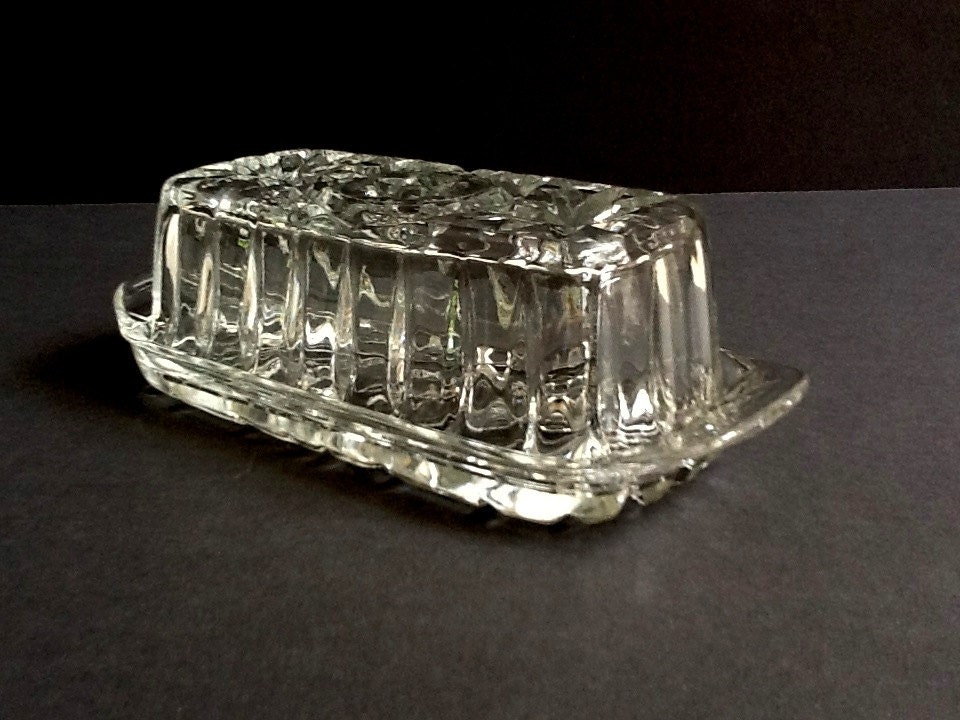 Pressed Glass Butter Dish Hobstar & Pinwheel Design