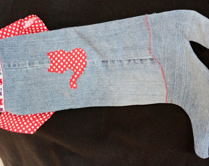 HALF PRICE ** Cat Lover Upcycled Blue Jean Christmas Stocking. Red Dot Cat Profile. Purr-fect Gift for Cat Lover! Holiday Gift Bag