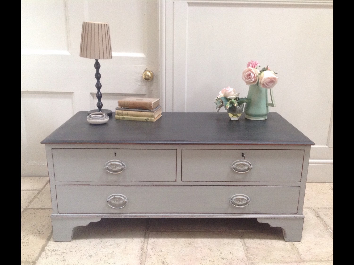 Hand Painted Grey Vintage Repro Lowboy Chest of Drawers Coffee TV Table