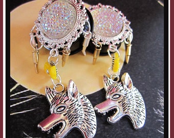 The Silver Bullet werewolf horror EAR PLUGS dangle earrings you pick gauge 1/2", 9/16", 5/8", 11/16", 7/8", 1" aka 12, 14, 16, 18, 22, 25mm
