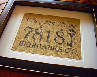 Our First Home Sign, Address Plaque, Burlap Housewarming, Address Sign, Burlap Prints Personalized Address Sign, First Home Sign