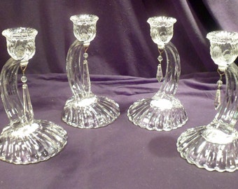 Set 4 Cambridge Glass Caprice Scalloped Shell Candlesticks with Original Prisms, 1930's