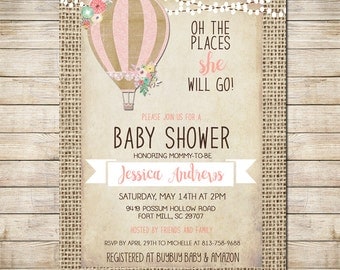 Hot Air Balloon Invitation Baby Girl Shower Invitation, Shabby Chic, Pink _149
