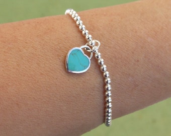 Sterling Silver Bracelet, Silver Charm Bracelet, Silver Heart Bracelet, Stretch Bracelet, Beads Bracelet, Ball Bracelet, Turquoise Bracelet