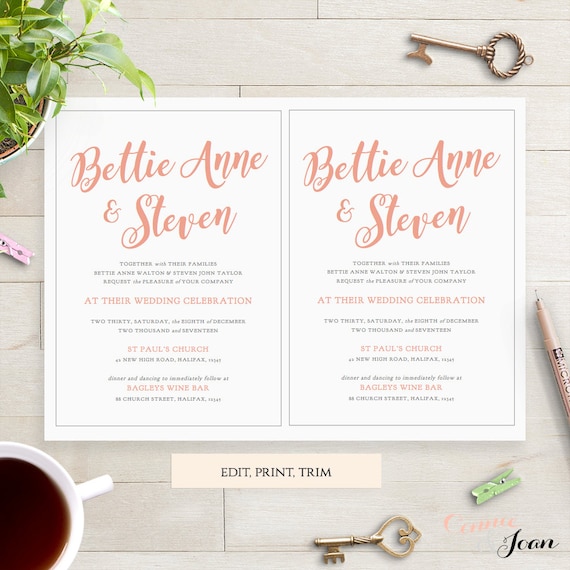 Coral wedding Invitation template 5x7 printable by ConnieAndJoan