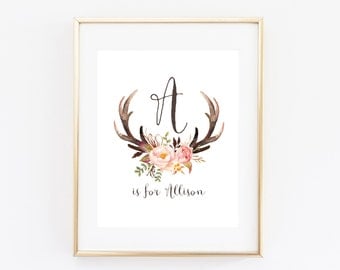 Antler Nursery Wall Art Printable Baby Name, Girl Tribal Woodland Baby Shower Decor, Little Deer Floral Personalized Gift