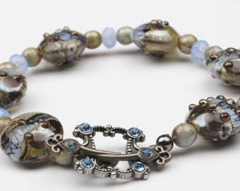 Lampwork Bracelet – Lampwork Jewelry – Swarovski Crystal – Blue and Brown Lampwork Bracelet