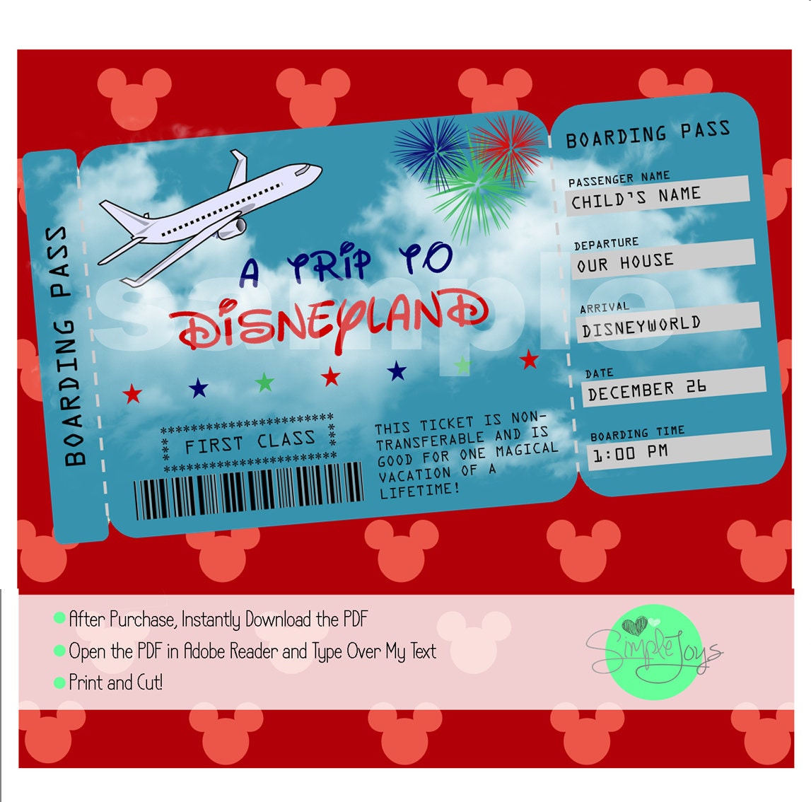 Printable Ticket to Disney Disneyworld/Disneyland Boarding