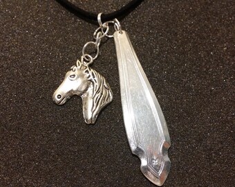Vintage Silver Plate Flatware Necklace with Horse's Head Charm on Fabric Necklace Cord