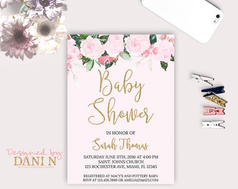 Roses baby shower Invite, Floral Invitation, Elegant Pink invitation, printable, Its a Girl Party invite, Gold Glitter Roses Invitation