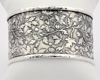 Silver cuff bracelet, Floral silver bracelets, Wide Silver Cuff, Wide Silver Bangle, Leaf motif silver Cuff, Botanical wide cuff