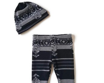 Slouchy beanie and legging set, south western print baby boy leggings, black beanie and legging baby set, modern baby boy clothes